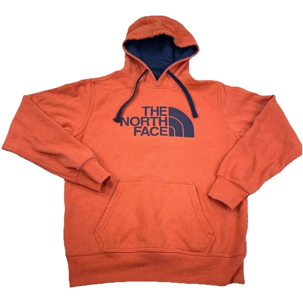 North Face Hoodie Men Small Orange Blue Sweatshirt Sweater Spell Out Outdoor A67